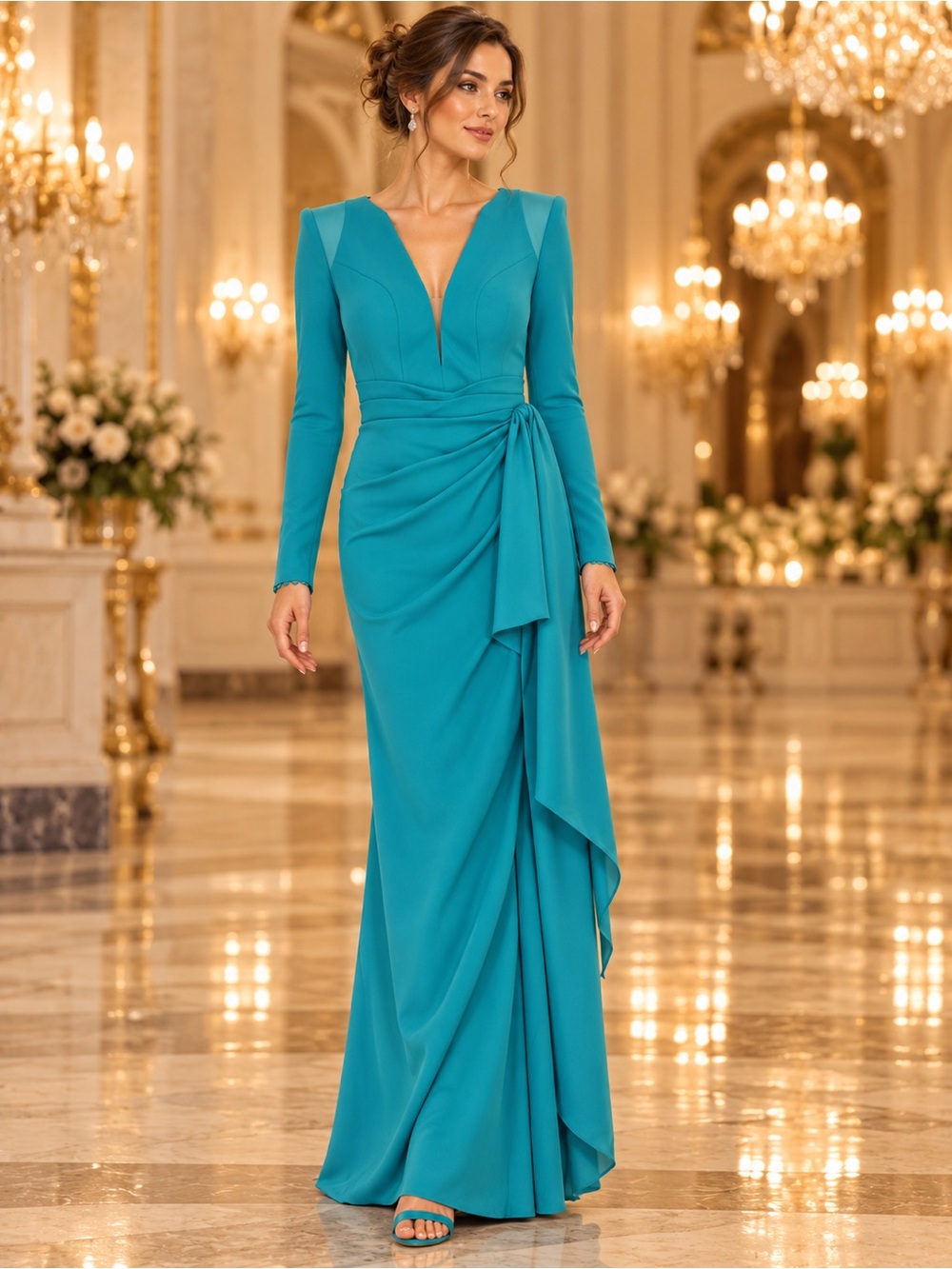 VALERIO LUNA Teal Long-Sleeve Draped Evening Gown